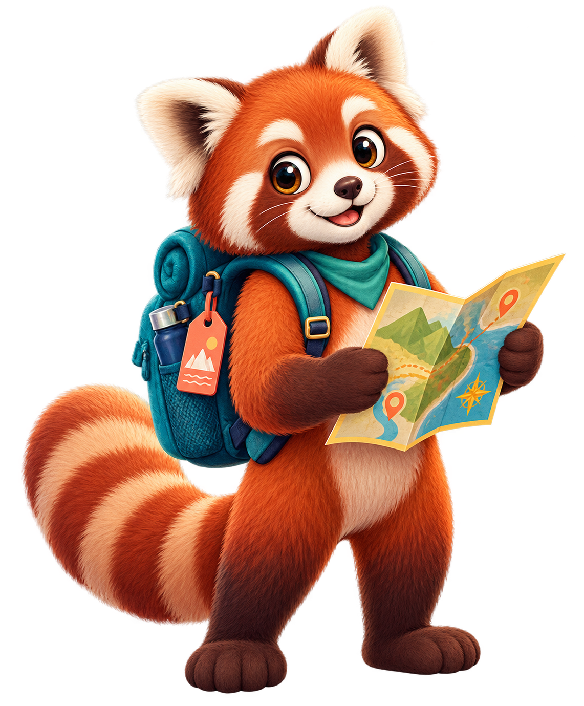 Milo, Journvia's red panda companion, carrying a travel map